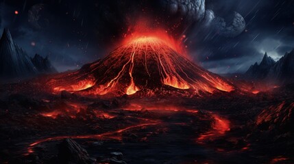 Landscape with erupting volcano, nature phenomena concept. Generative AI