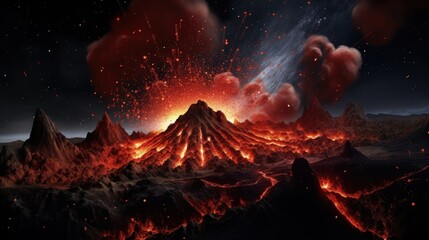 Landscape with erupting volcano, nature phenomena concept. Generative AI - obrazy, fototapety, plakaty