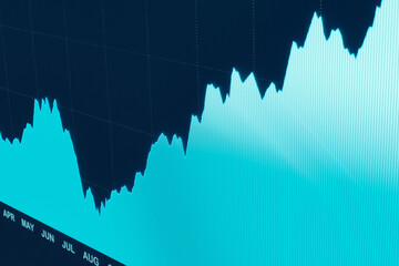 Close-up stock market chart on the monitor. Blue stock exchange screen with index or stock graph. Market data, analyzing, trading. 3D illustration