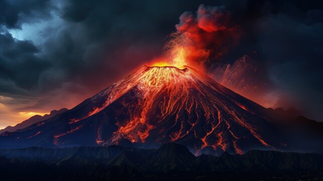 Landscape with erupting volcano, nature phenomena concept. Generative AI