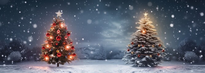 Christmas trees and falling snowflakes, holiday and celebration concept. Generative AI