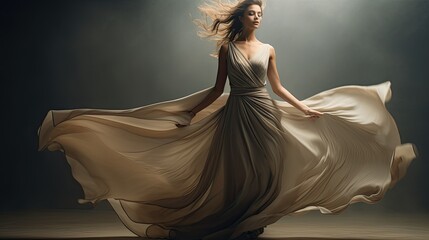 A woman draped in a flowy evening gown, the fabric shimmering against soft studio lights, capturing timeless elegance