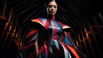 An artful representation of a model in a structured avant-garde dress, projecting bold geometries