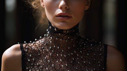 Close-up of a model's expression, the neckline of her beaded dress leading the viewer's eye, a study in detail and elegance