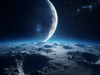 Naklejka na ściany i meble 3d rendering of a planet in space with moon in the background