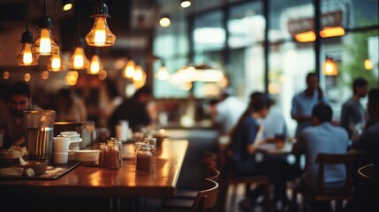 Coffee shop. Blurred image of cafe interior with people - obrazy, fototapety, plakaty
