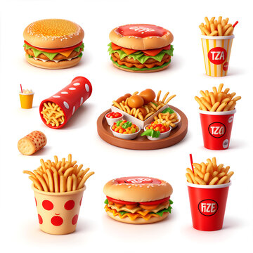 Fast food 3d realistic render  icon set. Pizza, hamburger, fries potatoes, hot dog,  Isolated on white background icons.