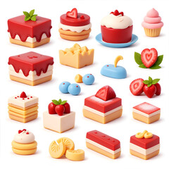 3d render illustration. Set of icons with sweets. Modern trendy design. Isolated on white background. Buttercream Cakes.