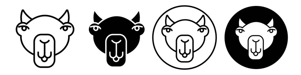 Camel face or head icon. Sand dune travel animal use for safari in Arab or Africa country. Vector logo of desert transportation riding. Flat outline style of camel drawing in simple line