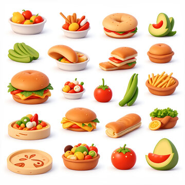 Set of 3d realistic Hamburger, Hot Dog, soda and fries potatoes, fruit on white background. Vector illustration.