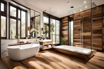 Fototapeta premium modern bathroom interior, Amazing bathroom with wooden wall and floor