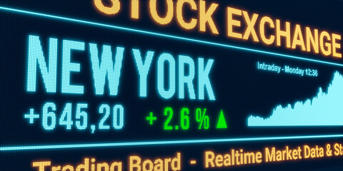 Fototapeta premium New York, stock market moving up. Positive stock exchange data, rising chart on the screen. Green percentage sign, profit and investment. 3D illustration