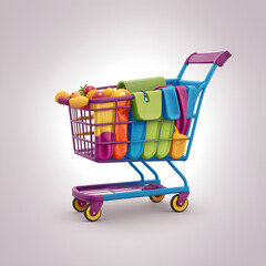 Shopping cart full of food on white background. Grocery and food store concept. Supermarket trolley cart with fresh products. Realistic grocery cart 3d render illustration. colorful fruits cart.
