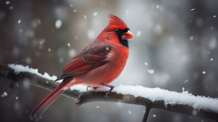 red cardinal perched on a branch with snowflakes falling in the background - Powered by Adobe
