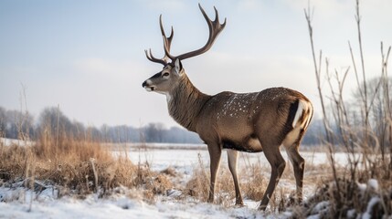 majestic deer with a large rack of antlers standing in a snowy field with a winter sky in the background