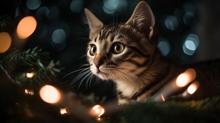 Obraz premium adorable curious cat looking on christmas tree with twinkling lights