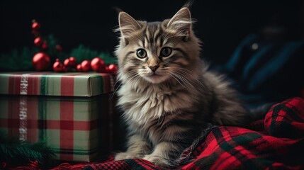 adorable kitten sitting on the plaid blanket next to a Christmas gift box
