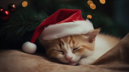 Fototapeta na wymiar cute kitten wearing a tiny Santa's red hat fell asleep under the christmas tree