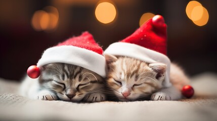 Fototapeta na wymiar cute sleeping newborn kittens wearing a tiny Santa's red hat, bokeh background