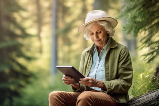 Lifestyle portrait photography of a content old woman using a tablet wearing a casual baseball cap at the banff national park in alberta canada. With generative AI technology - Powered by Adobe
