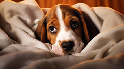 Closeup cute basset hound puppy face showing out of the blanket on the bed. Digital illustration generative AI.
