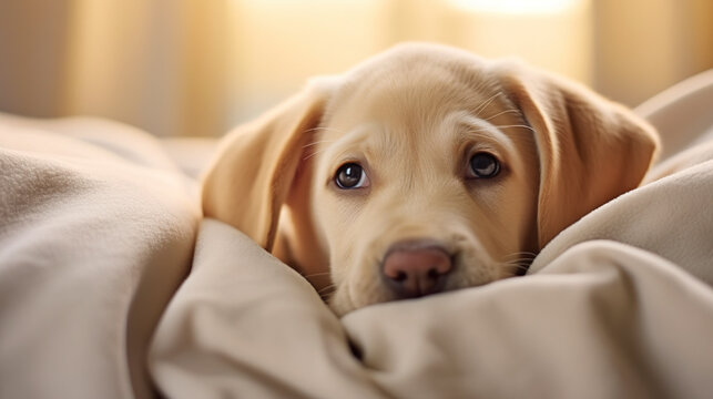Closeup cute labrador retriever puppy face showing out of the blanket on the bed. Digital illustration generative AI.