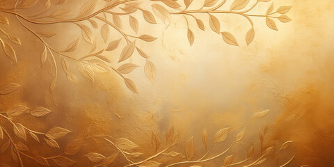Golden background with natural botanical elements, leaves, space for text
