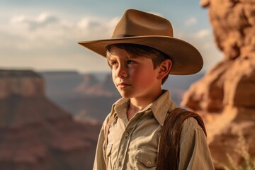 Environmental portrait photography of a content kid male rubbing chin wearing a rugged cowboy hat at the grand canyon in arizona usa. With generative AI technology