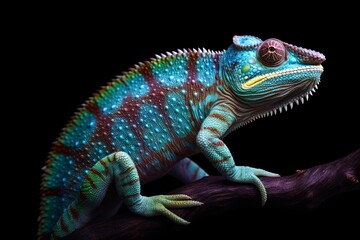 Beautiful multicolored chameleon sitting on wooden branch