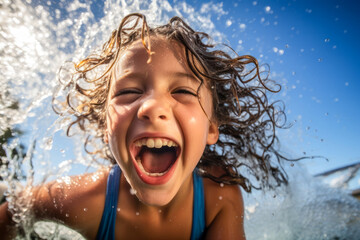 Fototapeta Little girl rejoicing in summer swimming, splashing water in background obraz