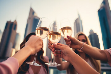 Group of happy rich and stylish woman friends clinking with glasses of wine, celebrating holiday in Dubai with skyline and skyscrapers in the background