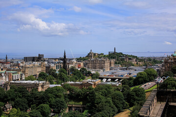 The high angle view of Edinburgh landscape from Edinburgh castle, Scotland, England. Travel and nature scene.