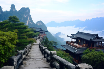 Fototapeta premium Chinese ancient buildings on the cliff outdoors