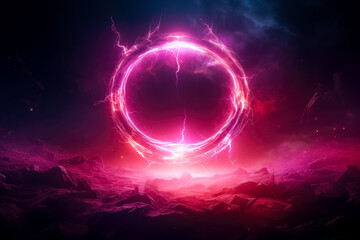 Circle with red and pink liquid smoke on a dark background.