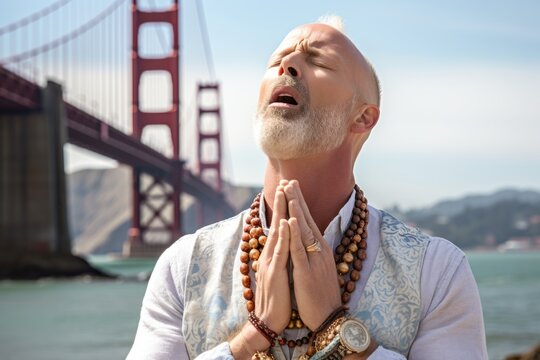 Environmental portrait photography of a blissful mature man coughing showing off a chic pearl necklace at the golden gate bridge in san francisco usa. With generative AI technology