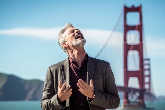 Environmental portrait photography of a blissful mature man coughing showing off a chic pearl necklace at the golden gate bridge in san francisco usa. With generative AI technology