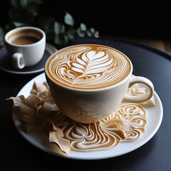 Coffee cup with latte art on a black background. 