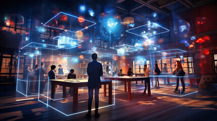 A virtual classroom where holographic students interact with 3D learning modules