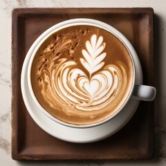 Coffee cup with latte art on a white background. 