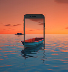  Mobil phone, or smart phone and summer picture of boat on the sea at sunset.