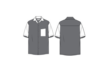 Men's cuban collar shirt flat sketch illustration, single patch pocket short sleeves template & mock up. 
