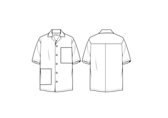 Men's cuban collar shirt flat sketch illustration, Double patch pocket short sleeves template & mock up. 