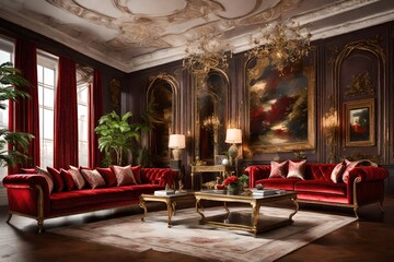 interior of a restaurant ,Deluxe classic style living room interior upholstered with red velvet, large sofa, ceramic, plants and decorative painting