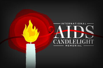 International AIDS Candlelight Memorial Banner Design, celebrated every third Sunday of May. Burning Candle and red ribbon awareness ribbon. Vector Illustration. EPS 10.
