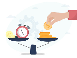 Time is money concept, hand with coins, flat vector illustration