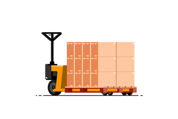 Hand pallet jack with paper box on isolated background, Vector illustration.