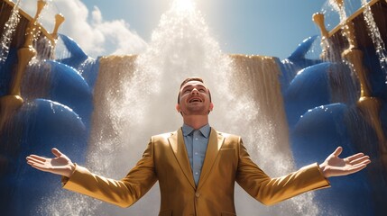 "Luxurious Waterfall Scene: Opulent Man in Sky-Blue and Gold Setting"