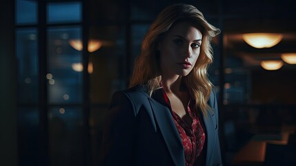 Artful capture of a model, shadowed in a dimly lit corporate setting, expressing feelings of trepidation