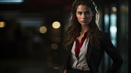 Fototapeta premium Artful capture of a model, shadowed in a dimly lit corporate setting, expressing feelings of trepidation