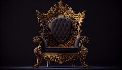 The Throne, Gold royal chair on a dark background. Place for the king, luxury golden armchair, Ai generated image